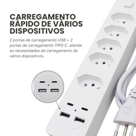 Régua de Energia 5 Tomadas 3 Pinos + 2 USB + 2 Tipo-C: Organize e Carregue Tudo! - imagem 3