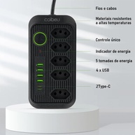Power Extensão Elétrica Multifuncional: 5 Tomadas Universais + 4 USB + 2 Type-C | 2500W Bivolt | 2m - imagem 4