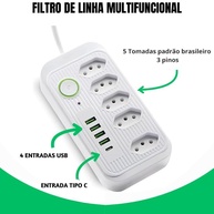 Filtro de Linha Premium: 5 Tomadas, 4 USB, 1 USB-C, Cabo 2m, 2500W - Segurança e Praticidade Total! - imagem 2