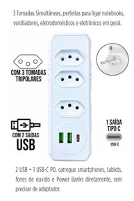 Extensão Elétrica Premium: 3 Tomadas Universais + 3 USB (A+C) Bivolt Inteligente - imagem 5