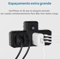 Extensão Régua de Energia 3 Tomadas + 3 USB (1 Tipo-C) Lene Preto - Carregamento Inteligente e Seguro - imagem 5