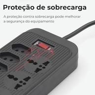Régua de Energia Inteligente: 5 Tomadas Universais + 2 USB + 1 USB-C (Preta) - imagem 4