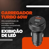 Carregador Veicular Turbo 60W Dual Port USB 3.0 + Tipo C - Carregamento Rápido 9.1A - imagem 2