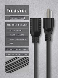 Cabo de Extensão PLUGTUL SJTW 3m Preto - Uso Interno/Externo, 16AWG, 3 Pinos, ETL Listado, 13A, 1625W - imagem 3