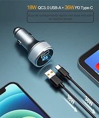 Carregador Turbo Veicular 54W PD USB-C + USB com Display LED - Carregamento Rápido Android/iOS - imagem 3