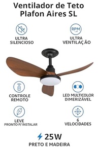 Ventilador de Teto Plafon Aires Preto com Pás de Madeira 25W LED Multicolor Dimerizável – Ultra Silencioso, 6 Velocidades, Controle Remoto - imagem 3