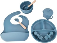 Kit Alimentação Infantil em Silicone Azul - Prato com Ventosa, Talheres, Tigela, Copo e Babador Seguro - imagem 2