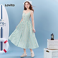 Vestido Lovito Listrado Drapeado com Bolso – Estilo Casual Verão - imagem 2