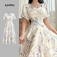 Vestido Elegante Lovito com Mangas Bufantes Azul e Branco - imagem 1