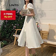 Vestido Lovito Elegante com Botão e Plissado - imagem 1