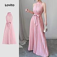 Vestido Lovito Elegante Plissado com Renda e Babados - imagem 1