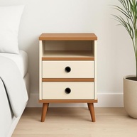Conjunto de Mesas de Cabeceira Retrô com 2 Gavetas – Design Palito em Madeira Off White & Nature - imagem 3