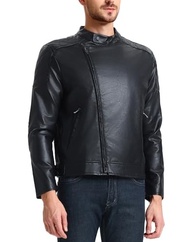 WULFUL Jaqueta masculina de couro, jaqueta bomber sintética para motociclista, lapela assimétrica, zíper e caimento justo, Preto - 010, GG - imagem 4