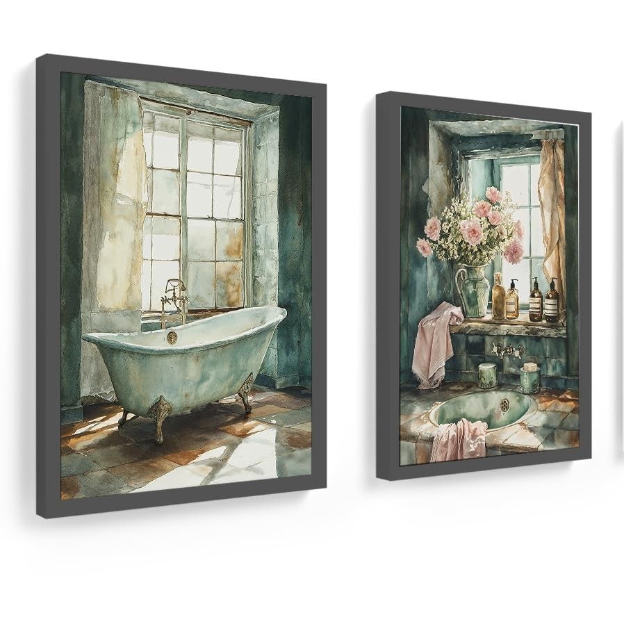 Kit 2 Quadros Banheiro Vintage Mint Green - Moldura Preta Elegante