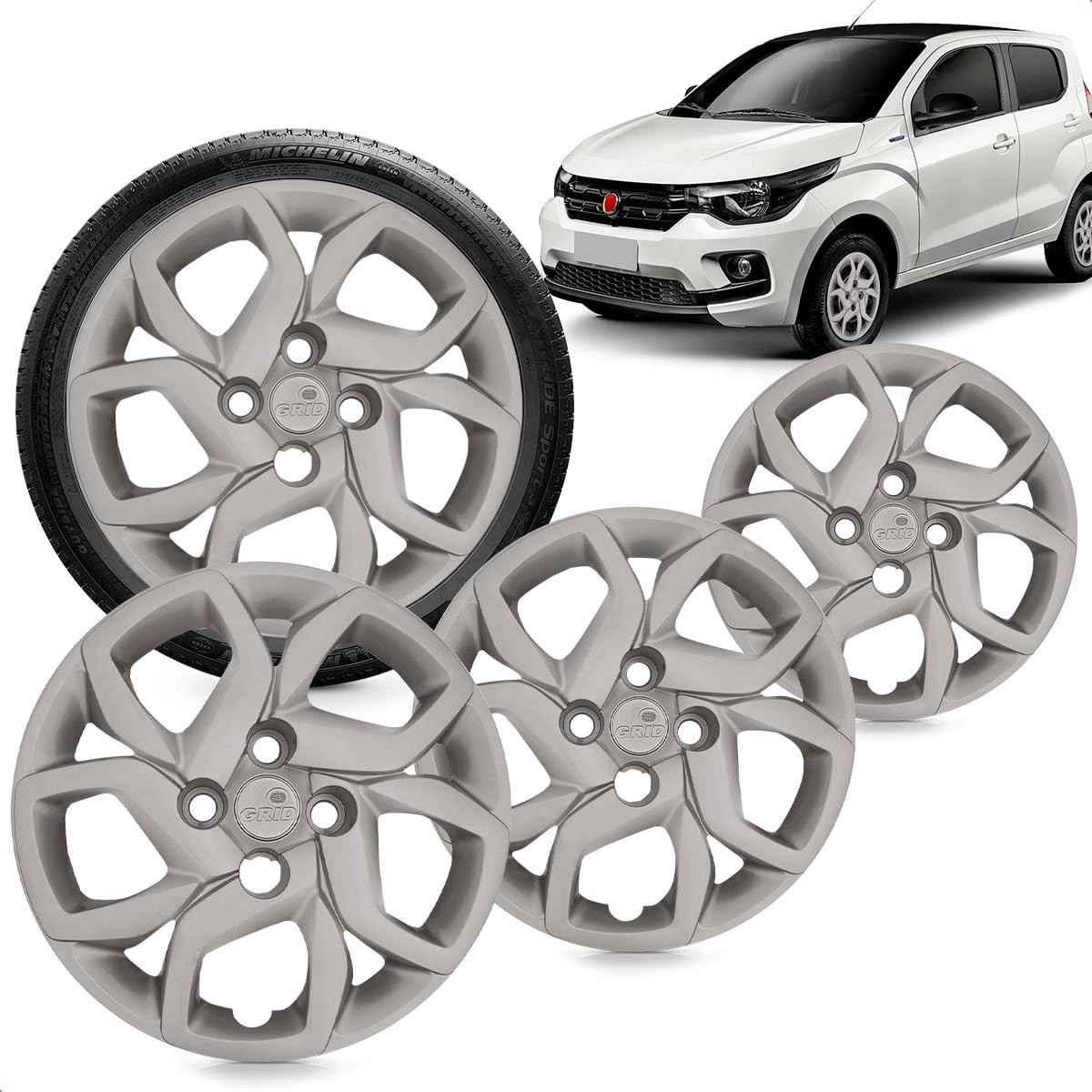 Kit 4 Calotas Aro 14 Fiat Mobi 2017 2018 Prata Grid Cubo Baixo