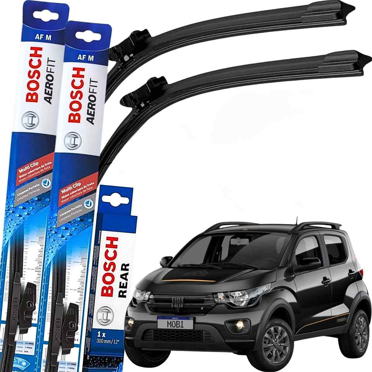 Kit Palheta Limpador Parabrisa Bosch Multiclip Fiat Mobi 2021-2025 (Dianteira + Traseira)
