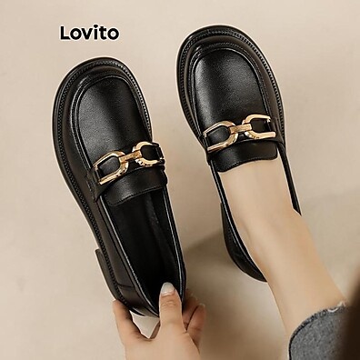 Mocassins Lovito Vintage Feminino – Couro Sintético com Fivela Metálica