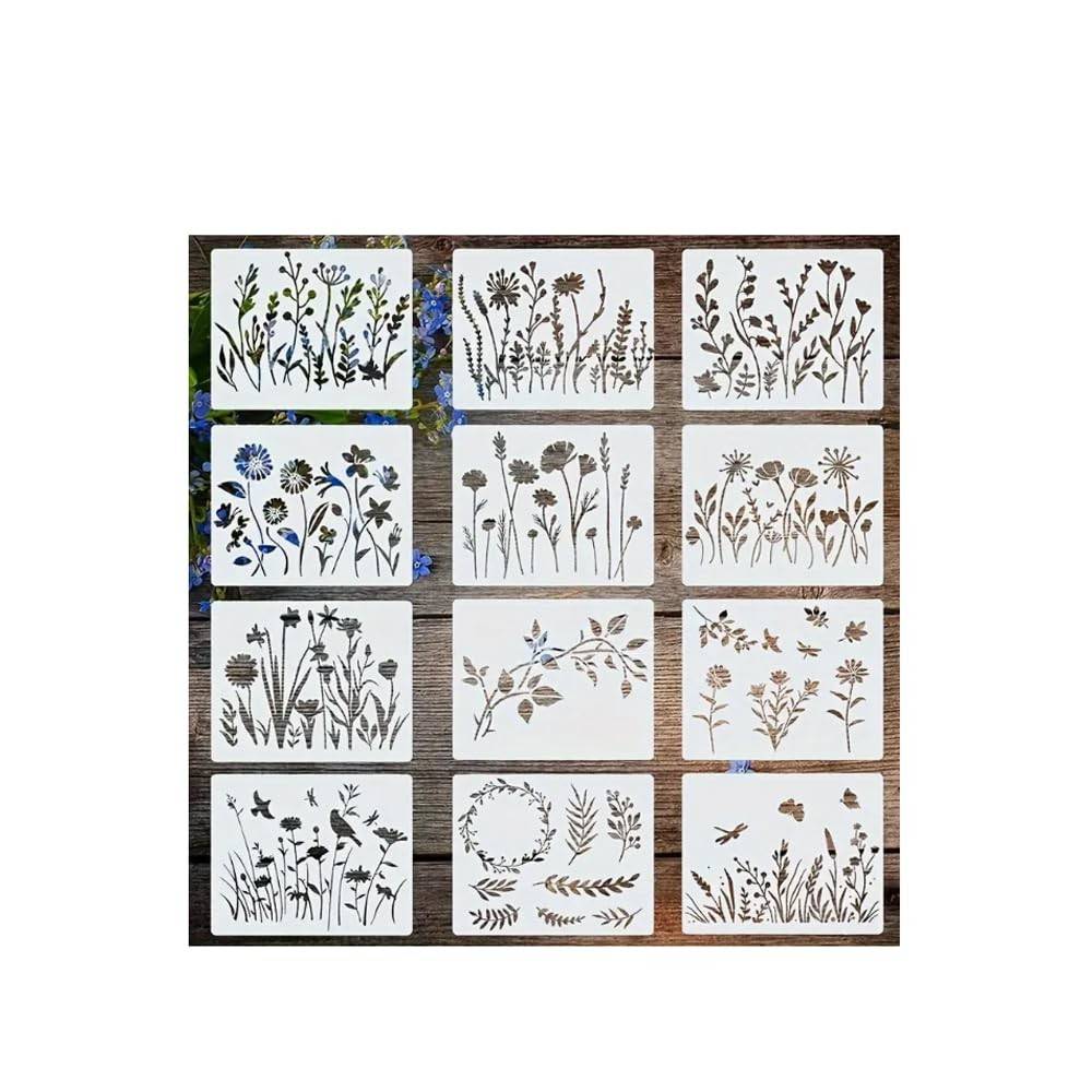 12 Modelos para Pinturas Florais e de Plantas - Padrões Desenhados à Mão 15x12cm - DIY para Móveis, Tela, Azulejos e Decoração