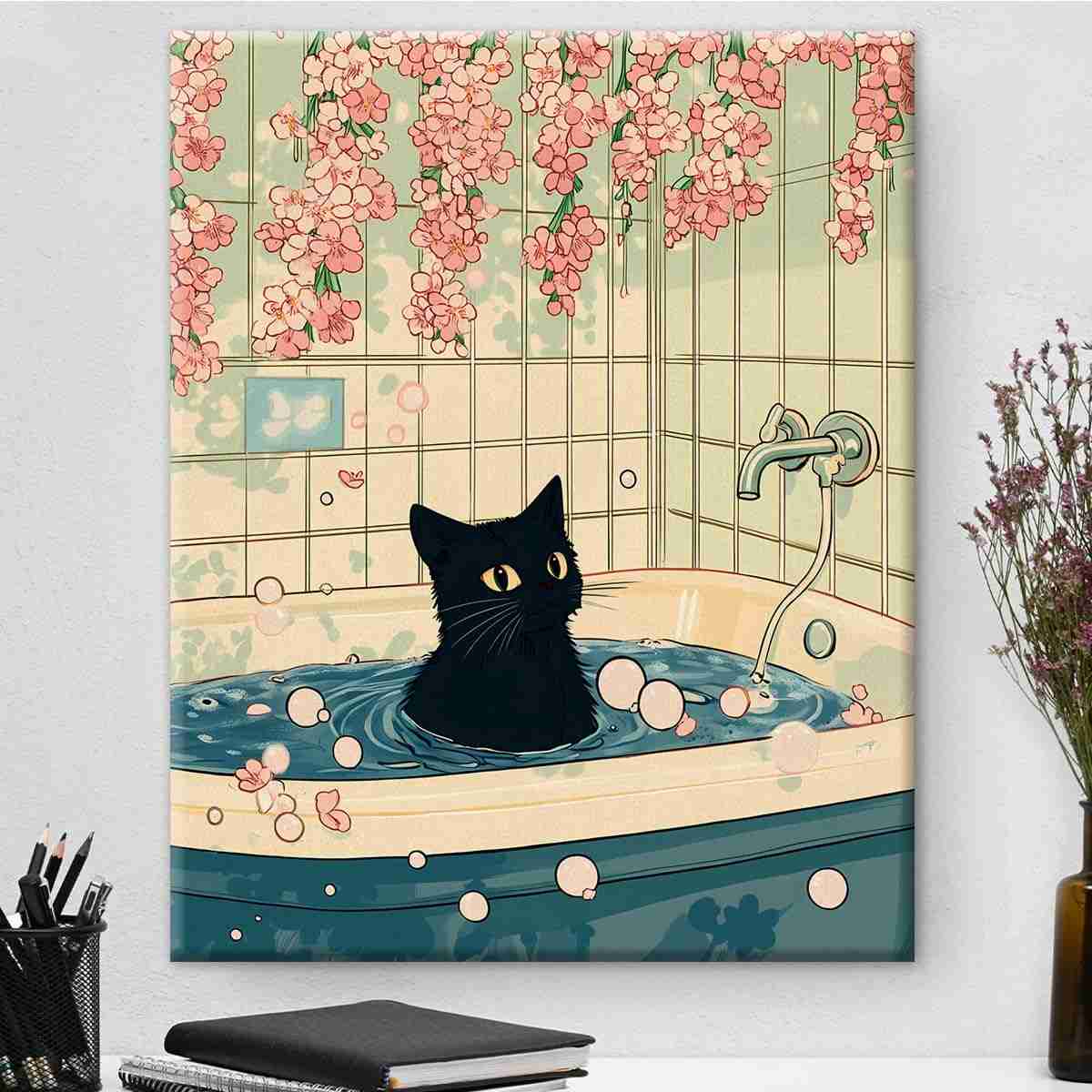 Pôster Japonês de Gato na Banheira | Decoração Moderna 20x25cm