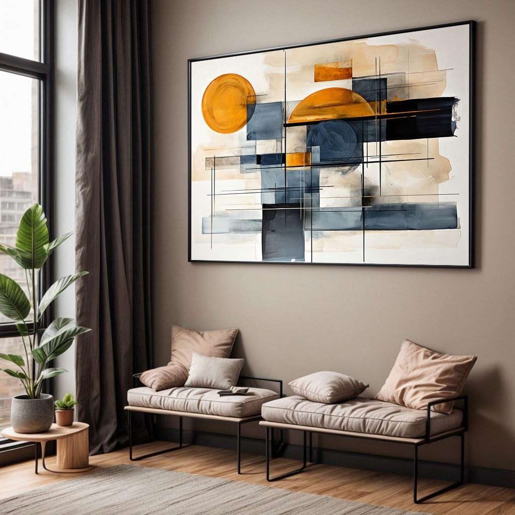 Quadro Decorativo Abstrato Laranja e Azul com Moldura - Arte Moderna para Sala e Quarto