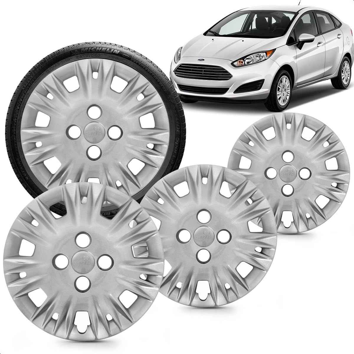 Kit 4 Calotas New Fiesta 2014-2016 Aro 15 Prata Grid - Design Moderno e Fixação Segura
