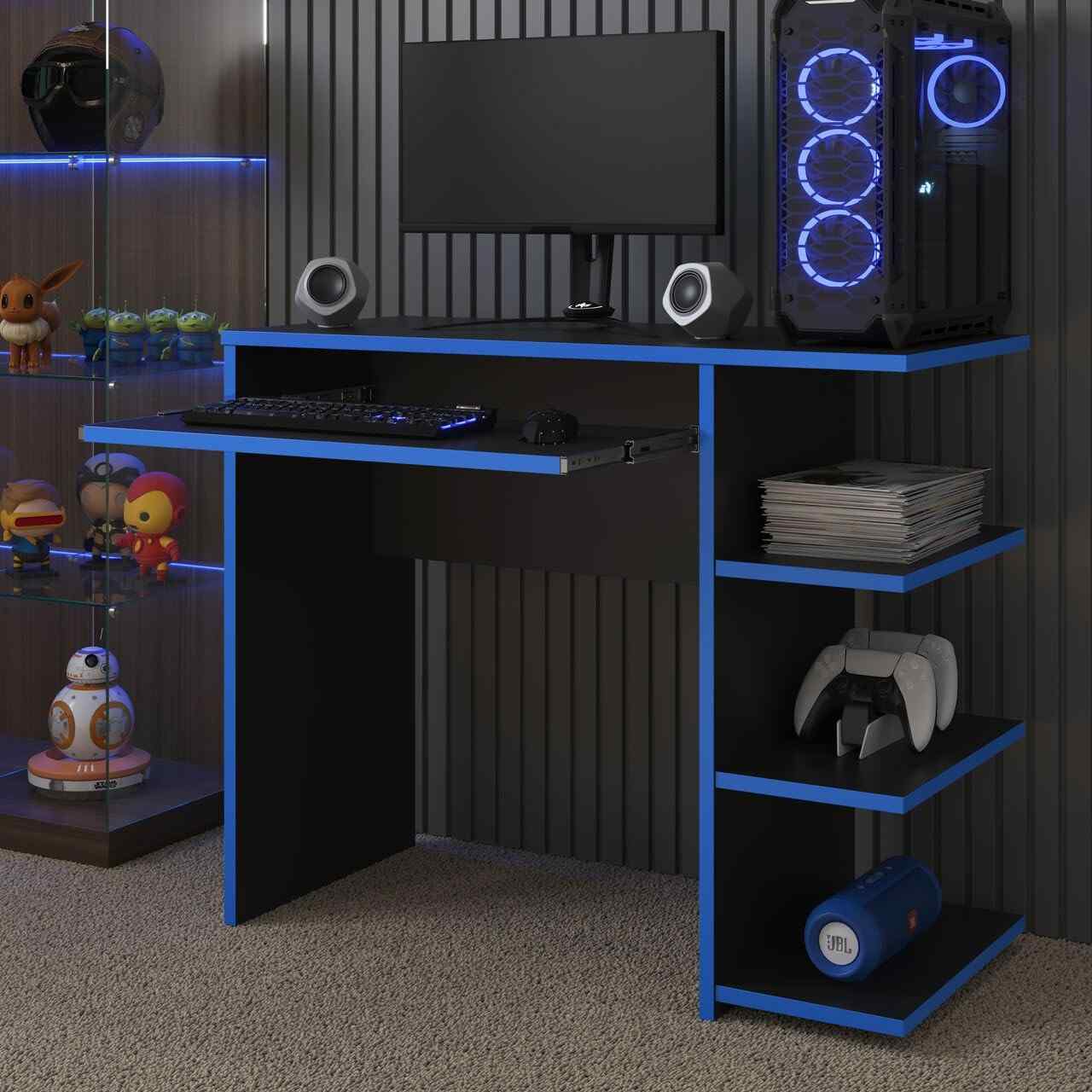 Mesa Escrivaninha Gamer Preto/Azul - Design Moderno para PC e Escritório