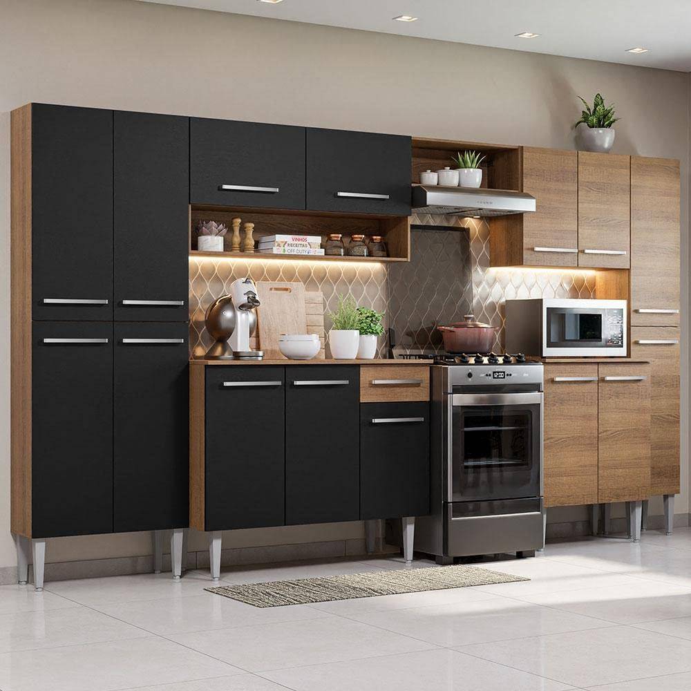 Cozinha Completa Madesa Emilly Joy 15 Portas 1 Gaveta Rustic/Preto - Design Moderno e Funcionalidade