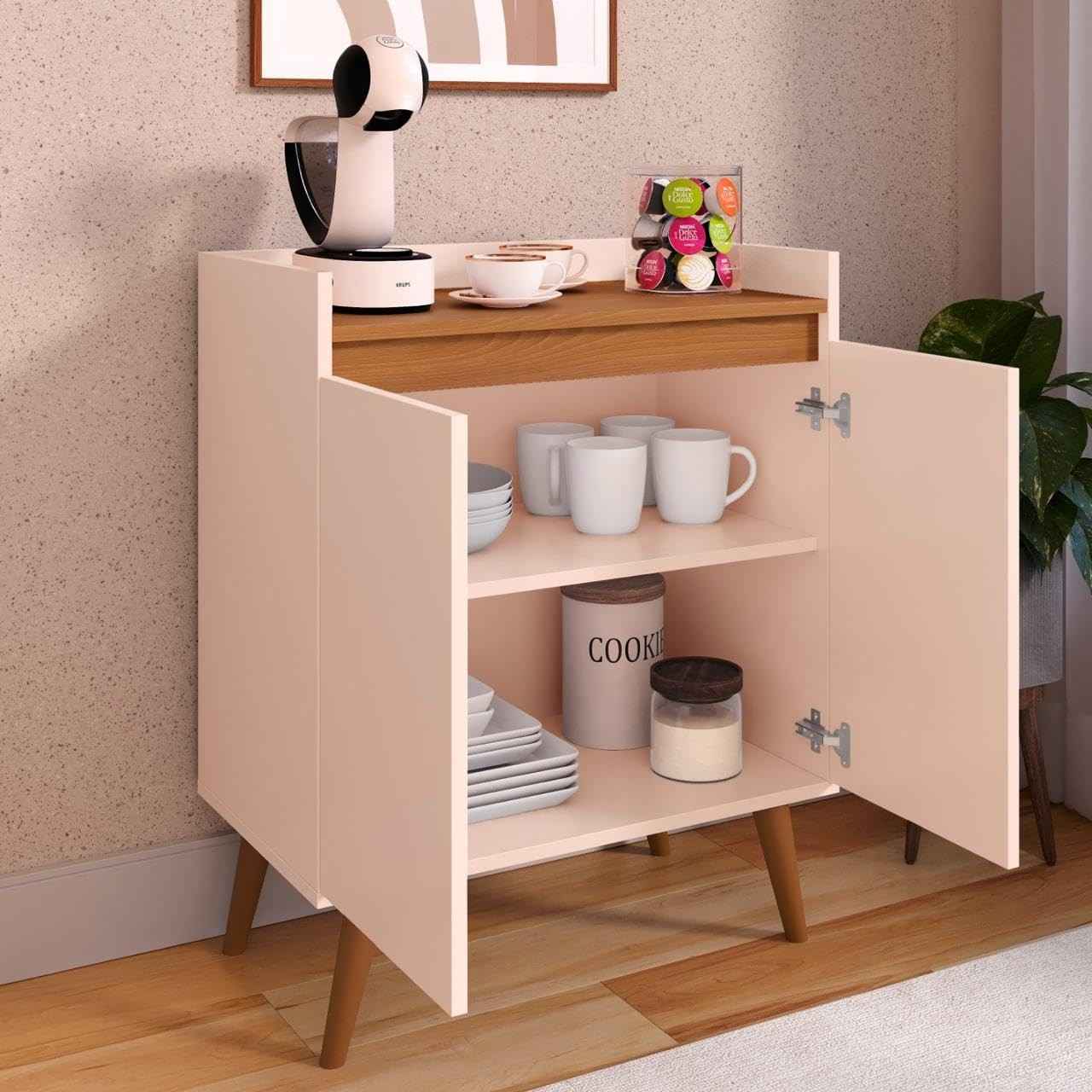 Armário Aparador Cantinho Do Café Buffet 2 Portas com Prateleira – Design Moderno Off White e Freijó