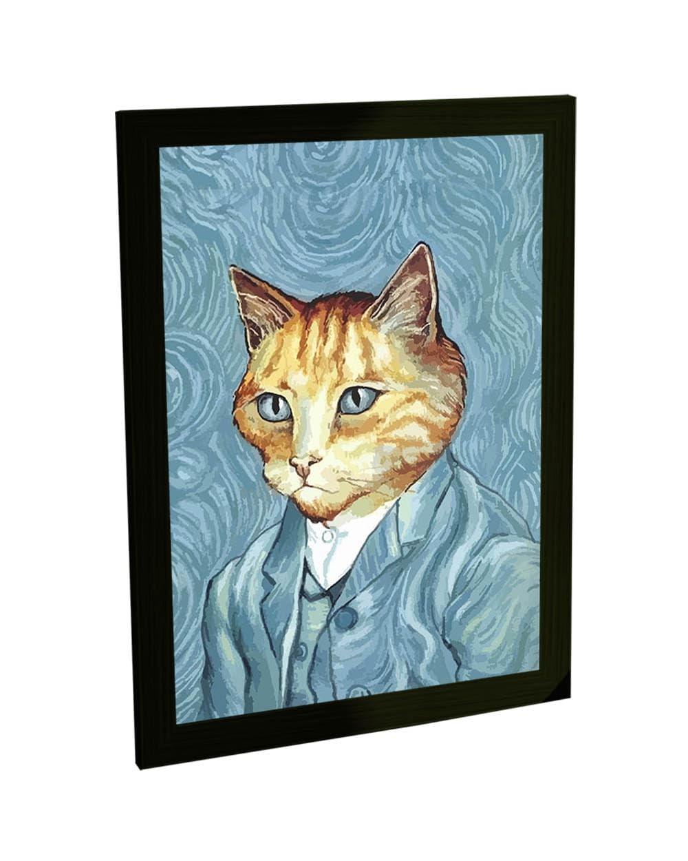 Quadro Decorativo Gato Van Gogh com Moldura - Arte Premium para Ambientes Modernos
