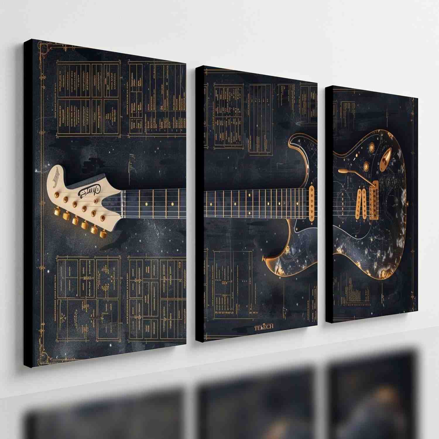 Kit 3 Quadros Decorativos Rock Guitarra Dourada - Estilo Musical para Ambientes Modernos