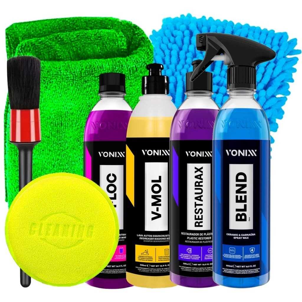 Kit Completo Vonixx: Blend Spray, Restaurax, V-Mol, V-Floc + Acessórios Karbox para Detalhamento Automotivo