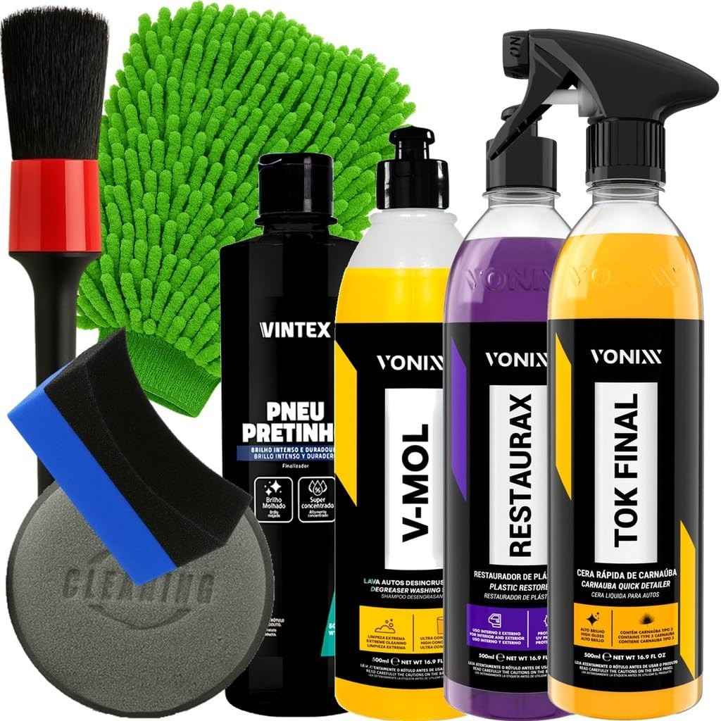 Kit Completo Limpeza e Estética Automotiva Vonixx: Cera Tok Final, Shampoo V-Mol, Pretinho e Acessórios