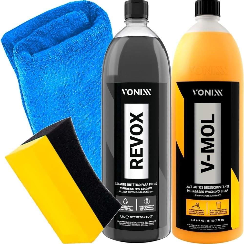 Kit Essencial Vonixx: Shampoo V-Mol 1,5L, Revox 1,5L e Acessórios Karbox para Detalhamento Automotivo