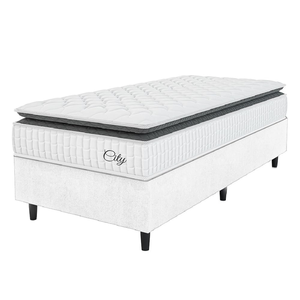 Cama Box com Colchão Solteiro Molas Ensacadas City Pillow Top 88x188x61cm em Tecido Linho Branco/Preto - Conforto Premium com Design Moderno