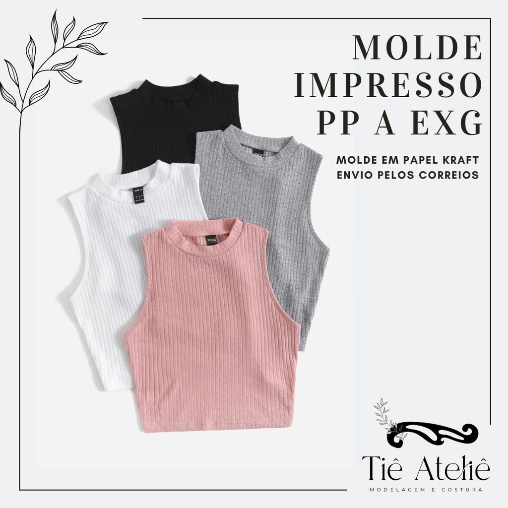 Molde de Cropped Justo em Papel Kraft com Gola Alta para Costura