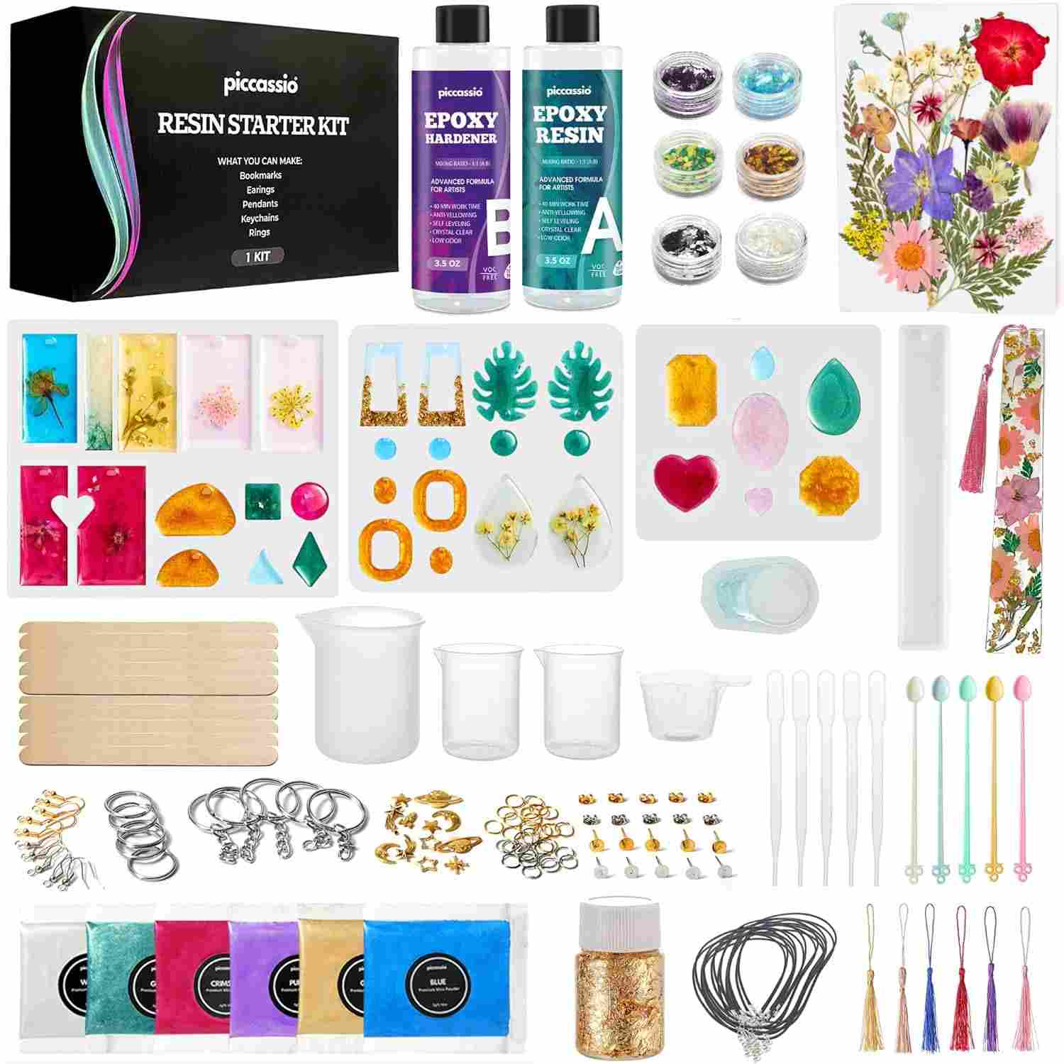 Piccassio Kit de Resina Epóxi para Iniciantes - 208 Peças com Moldes, Flores Secas e Ferramentas