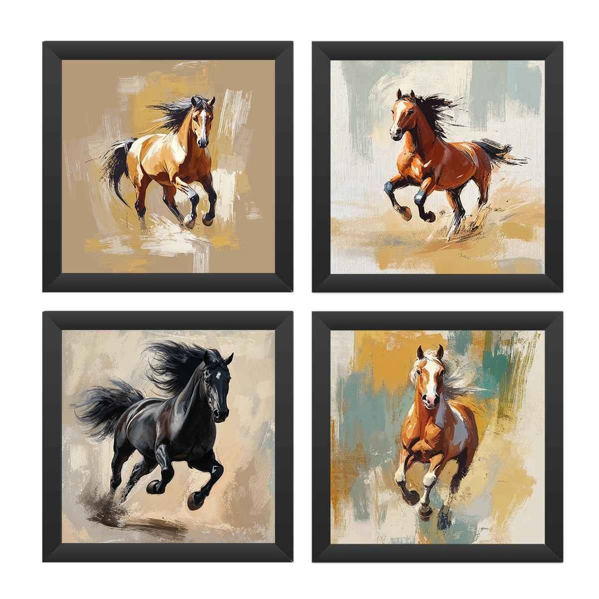 Kit 4 Quadros Cavalos 18x18cm com Moldura e Vidro - Decore com Estilo e Qualidade