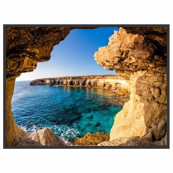 Quadro Decorativo 90x60 cm com Moldura de Madeira Premium - Paisagem Gruta Mar para Sala, Quarto e Escritório