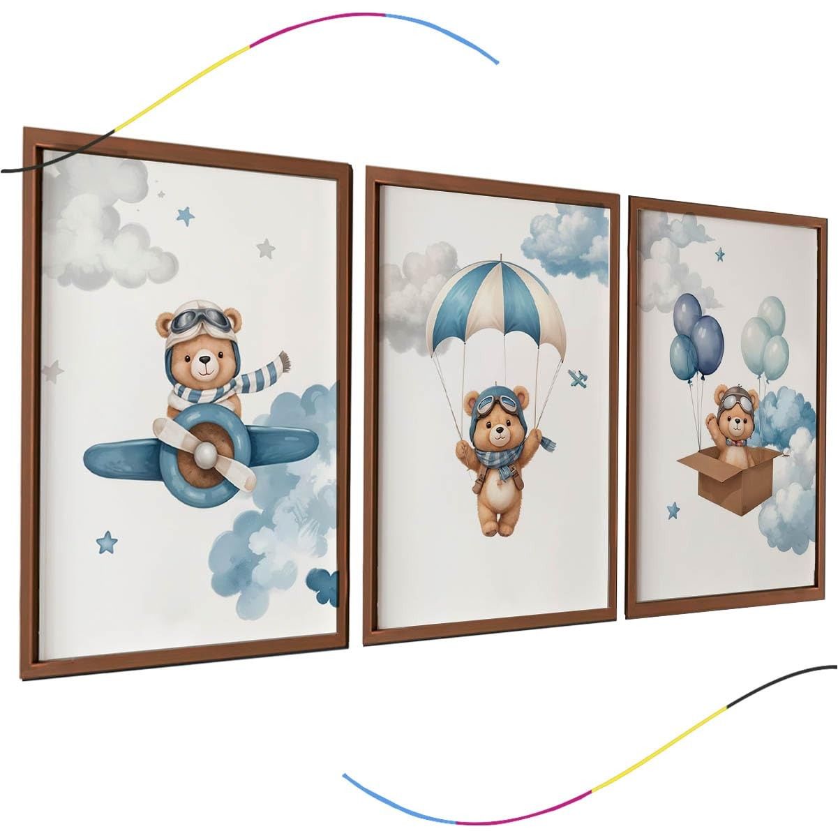 Conjunto de 3 Quadros Decorativos Infantis Urso Aviador Azul - Moldura Marrom para Quarto de Bebê