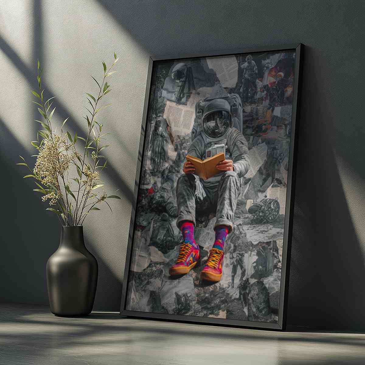 Quadro Decorativo Astronauta Leitor com Moldura - Espaço, Livros e Geeks | Decoração Nerd Moderna para Quarto e Sala