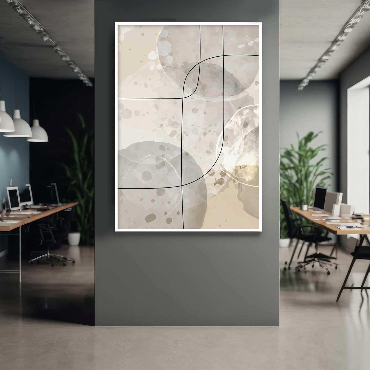 Quadro Decorativo Abstrato com Moldura - Design Moderno em Bege, Cinza e Marrom para Sala e Quarto