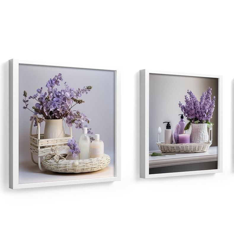 Kit 2 Quadros Decorativos para Banheiro e Lavabo com Flores Lilás - Moldura em Madeira e Vidro