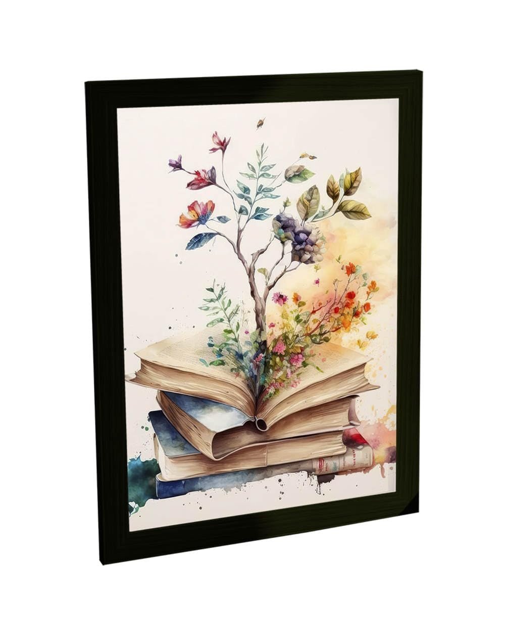 Quadro Decorativo A3 com Moldura - Tema Livros e Árvore em Crescimento | Arte Moderna para Decoração de Parede
