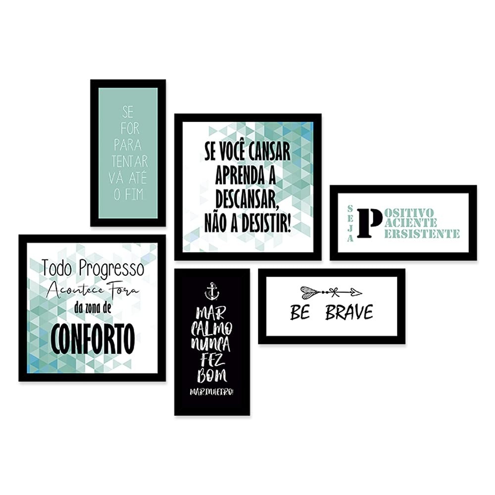 Conjunto 6 Quadros Decorativos com Moldura - Frases de Motivação Geométrico Verde