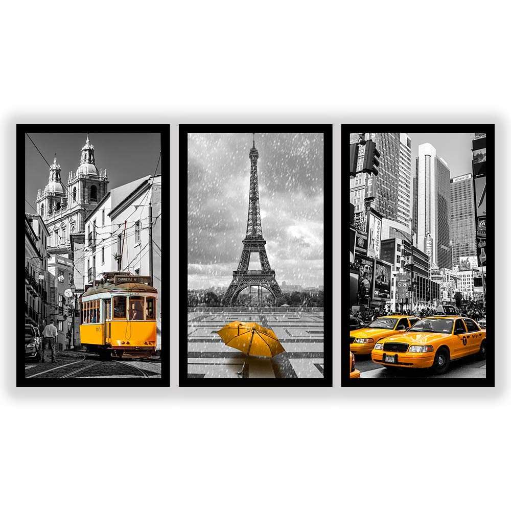 Kit 3 Quadros Decorativos Grandes com Moldura - Cidades do Mundo Amarelo