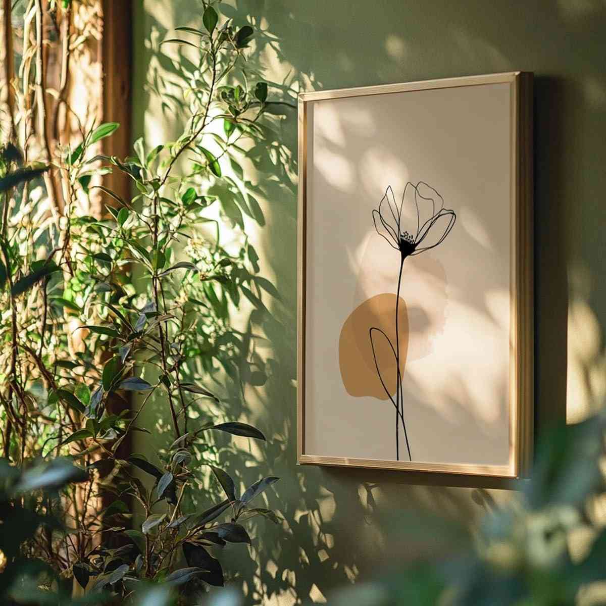 Quadro Decorativo Flor Abstrata com Moldura Minimalista - Arte Botânica Line Art Moderna para Sala, Quarto e Escritório