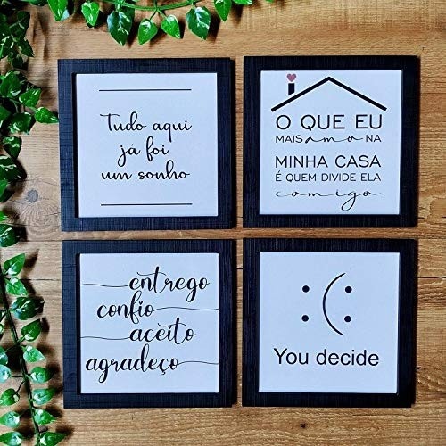 Kit 4 Quadros Decorativos Frases Sala Preto e Branco | Moldura Premium 25x25cm