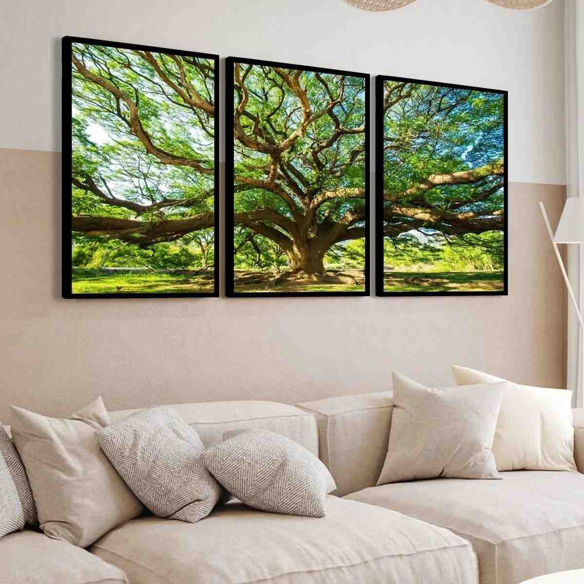 Quadro Decorativo Arvore Paisagem Folhas Verde - Kit com 3 Unidades em Moldura de Madeira