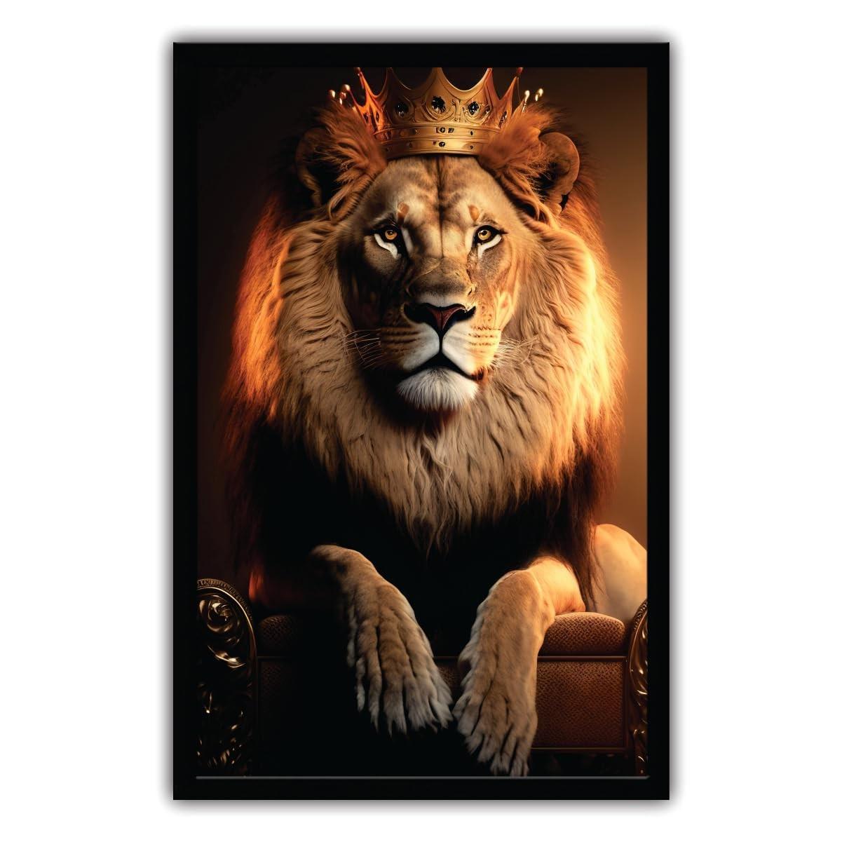 Quadro Decorativo Leão Coroa de Rei 90x60cm - Moldura de Madeira Preta Premium