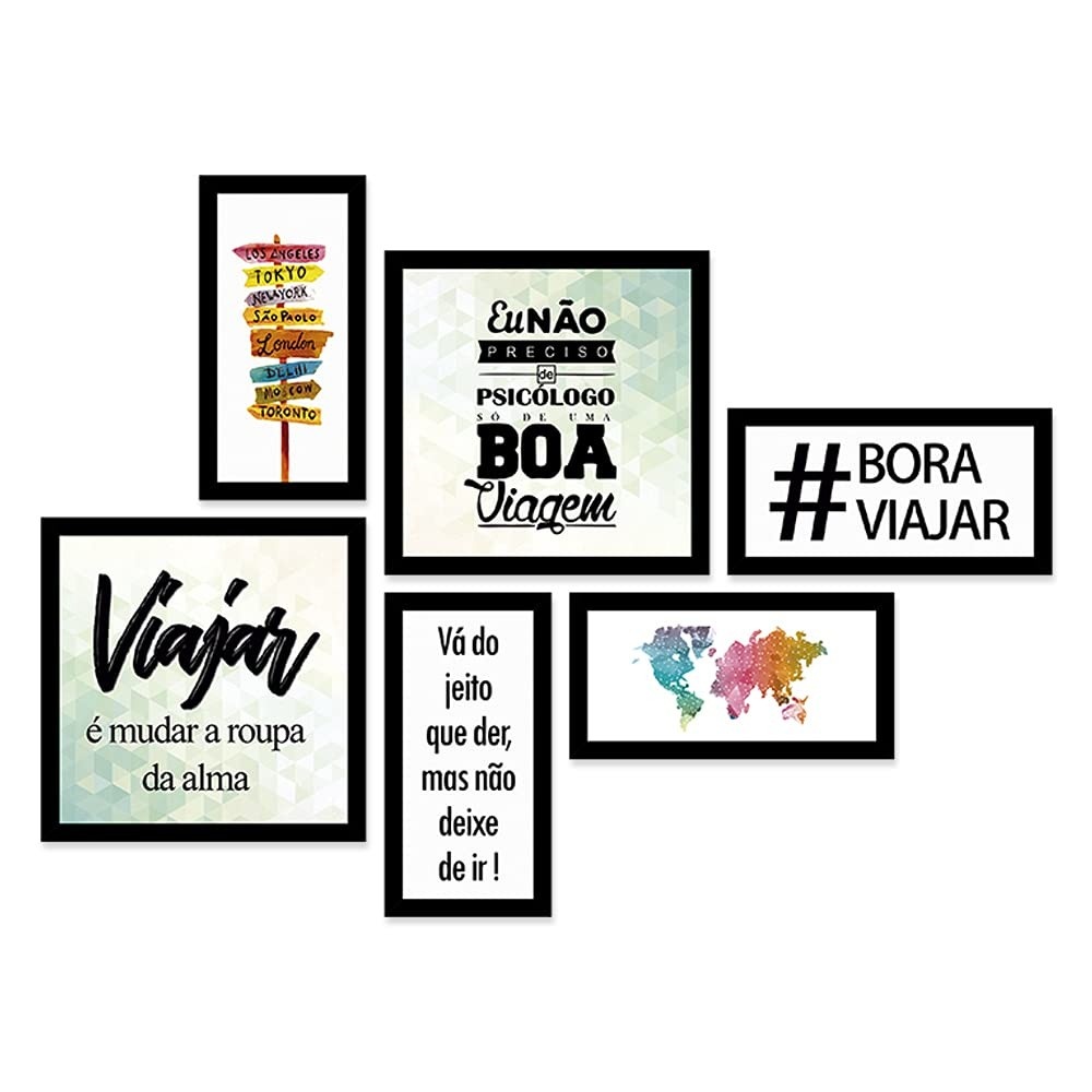 Conjunto de 6 Quadros Decorativos com Moldura - Tema Viagem e Frases Inspiradoras